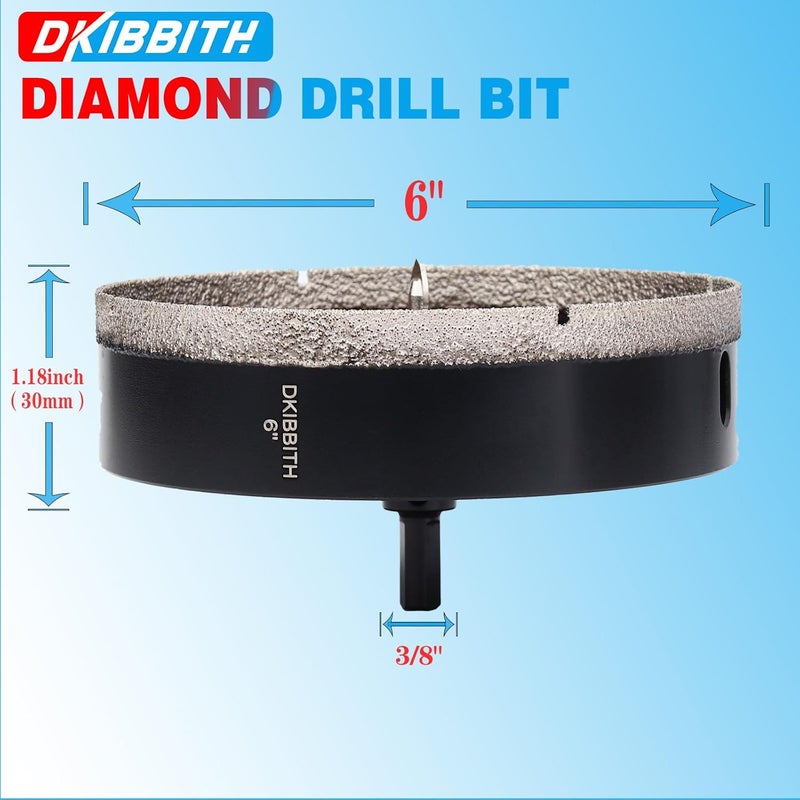 DKIBBITH 6" Diamond Hole-Saw Bits with Pilot Drill Bit 6 in Diamond Tipped Tile Hole Saws with Guiding Bit for Accurate Drilling, for Porcelain Tile Ceramic Pottery Granite Stone Glass Bottles 152mm - Image 2